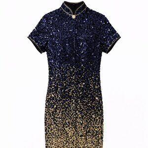 Elegant Sequin Qipao / Cheongsam Dress – Navy Blue to Gold Ombre